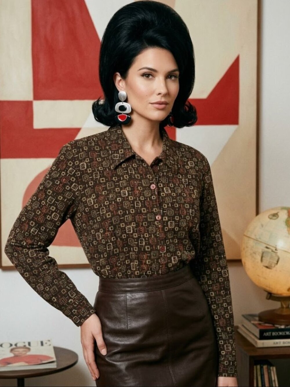 Garoche Mode Vintage Blouse Mid Century Modern Brown Button Up Office Size Large